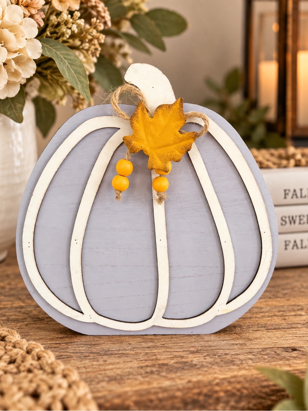 Wooden Pumpkin Accent with Yellow Leaf and Beads - Home Accents